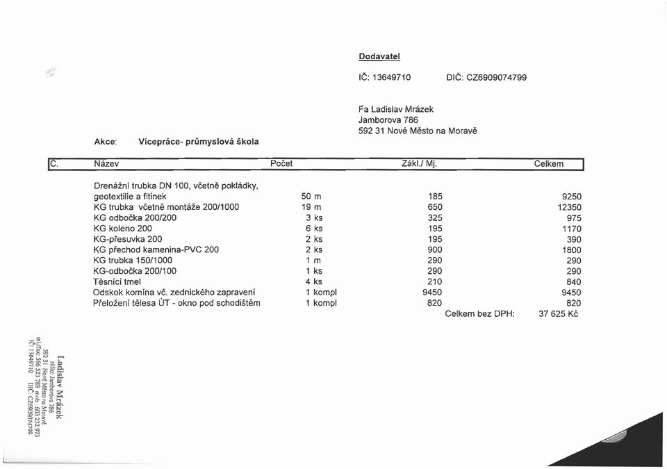 přechod kamenina-pvc 200 KG trubka 150/1000 KG-odbočka 200/100 Těsnící tmel Odskok komína vč.