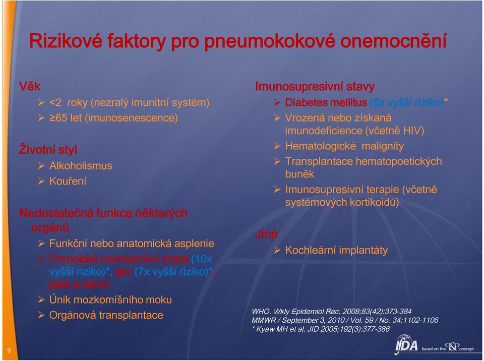 stavy Jiné Diabetes mellitus (6x vyšší riziko)* Vrozená nebo získaná imunodeficience (včetně HIV) Hematologické malignity Transplantace hematopoetických buněk Imunosupresivní terapie