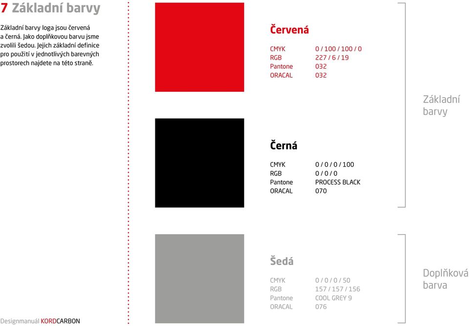 Červená CMYK 0 / 100 / 100 / 0 RGB 227 / 6 / 19 Pantone 032 ORACAL 032 Základní barvy Černá CMYK 0 / 0 / 0 / 100
