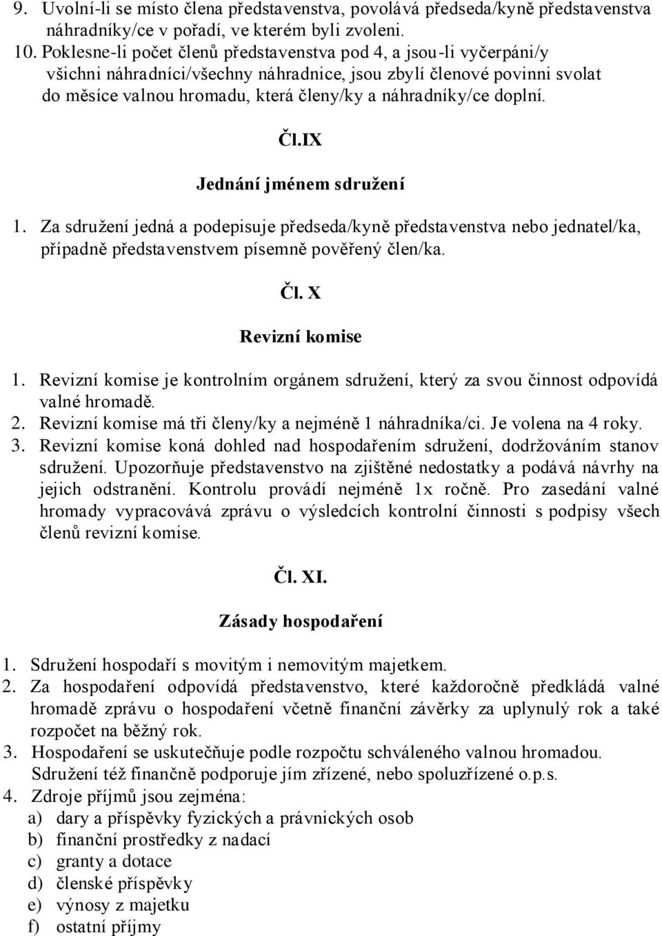 doplní. Čl.IX Jednání jménem sdružení 1. Za sdružení jedná a podepisuje předseda/kyně představenstva nebo jednatel/ka, případně představenstvem písemně pověřený člen/ka. Čl. X Revizní komise 1.