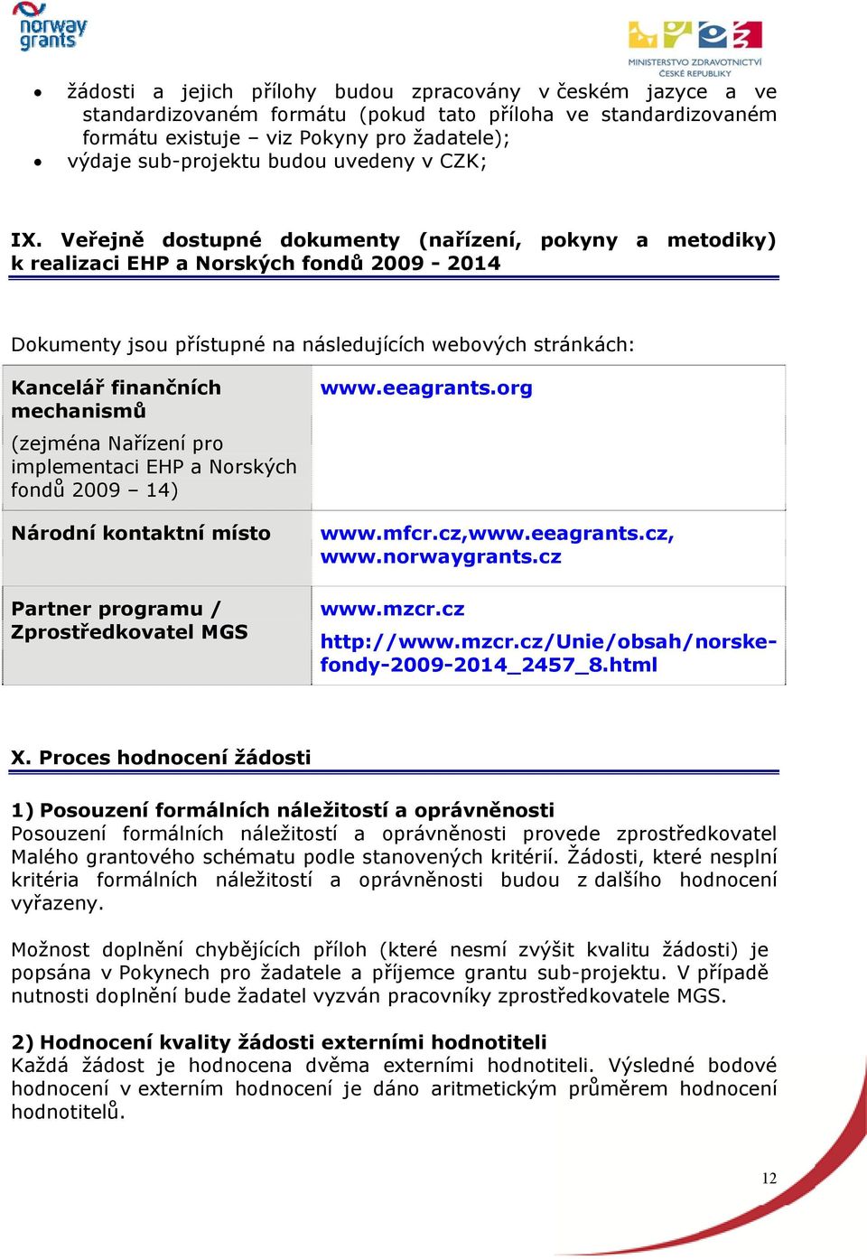 Veřejně dostupné dokumenty (nařízení, pokyny a metodiky) k realizaci EHP a Norských fondů 2009-2014 Dokumenty jsou přístupné na následujících webových stránkách: Kancelář finančních mechanismů