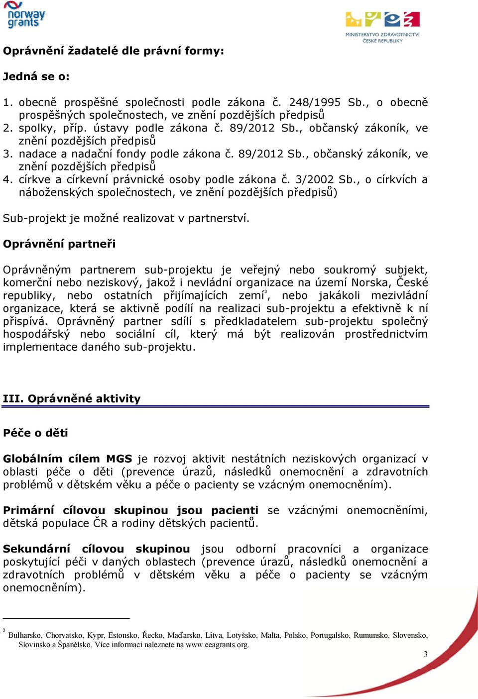 církve a církevní právnické osoby podle zákona č. 3/2002 Sb., o církvích a náboženských společnostech, ve znění pozdějších předpisů) Sub-projekt je možné realizovat v partnerství.