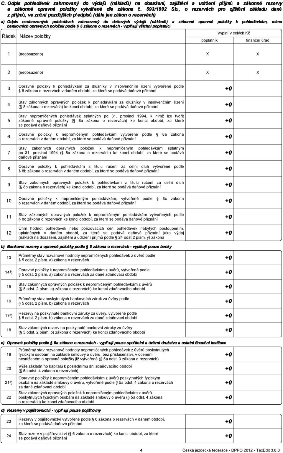 opravné položky k pohledávkám, mimo bankovních opravných položek podle 5 zákona o rezervách - vyplují všichni poplatníci Vyplní v celých K ádek Název položky poplatník finanní úad 1 (neobsazeno)