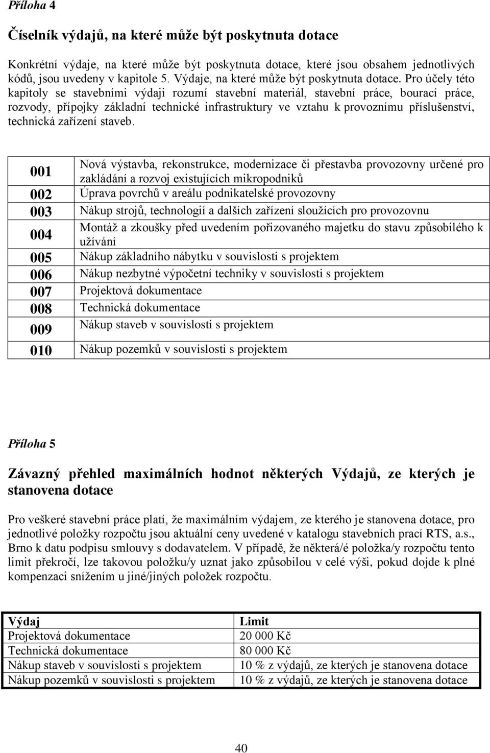 Pro účely této kapitoly se stavebními výdaji rozumí stavební materiál, stavební práce, bourací práce, rozvody, přípojky základní technické infrastruktury ve vztahu k provoznímu příslušenství,