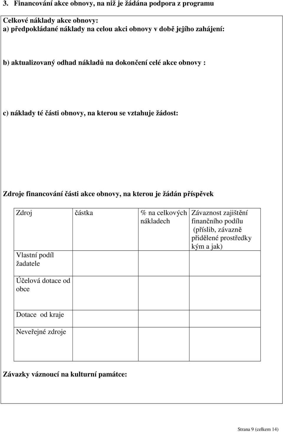 části akce obnovy, na kterou je žádán příspěvek Zdroj částka % na celkových nákladech Vlastní podíl žadatele Závaznost zajištění finančního podílu
