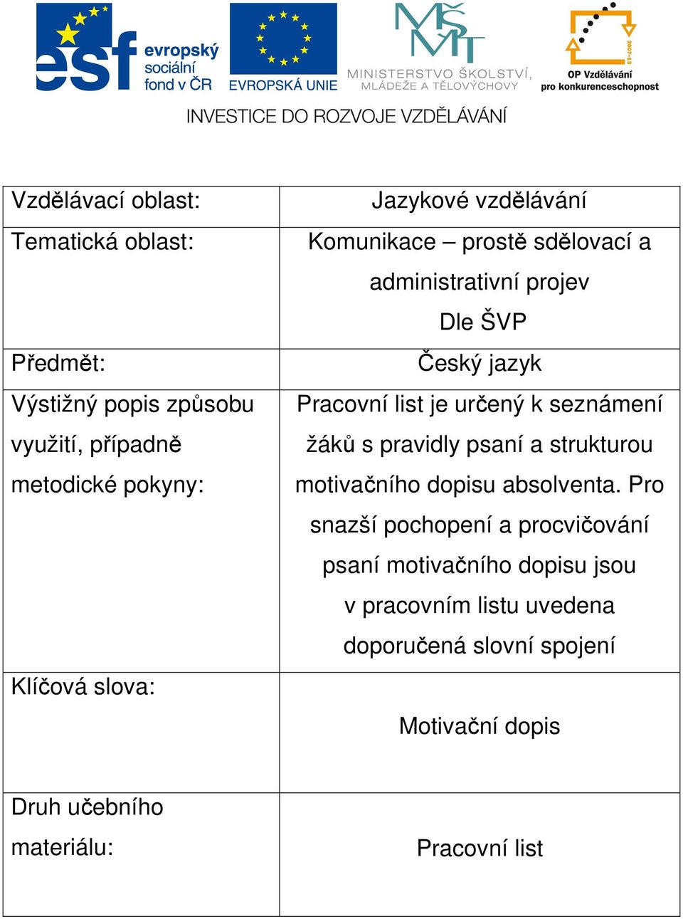 seznámení žáků s pravidly psaní a strukturou motivačního dopisu absolventa.