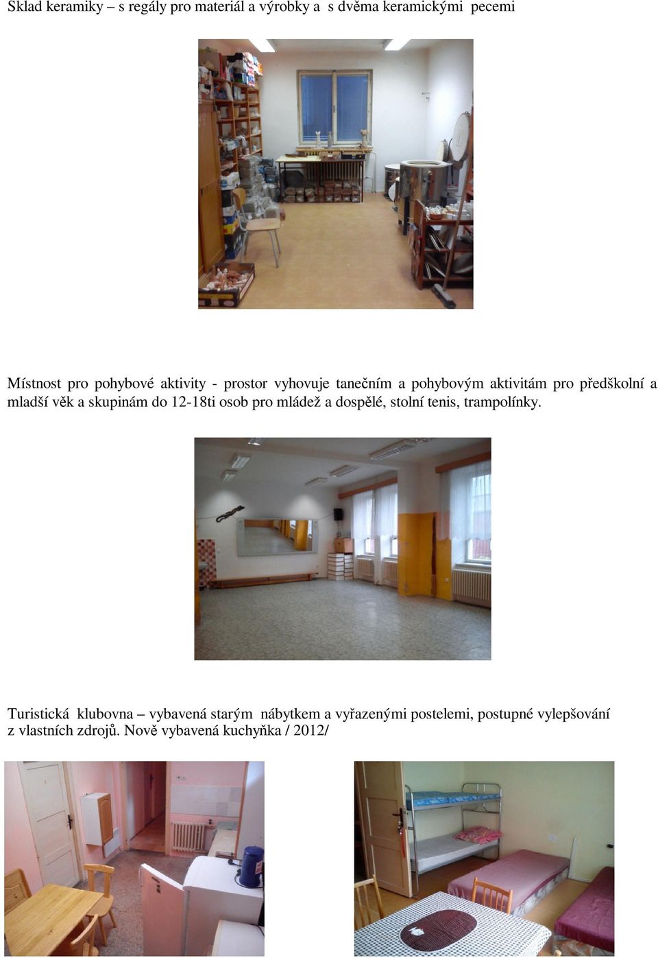 12-18ti osob pro mládež a dosplé, stolní tenis, trampolínky.