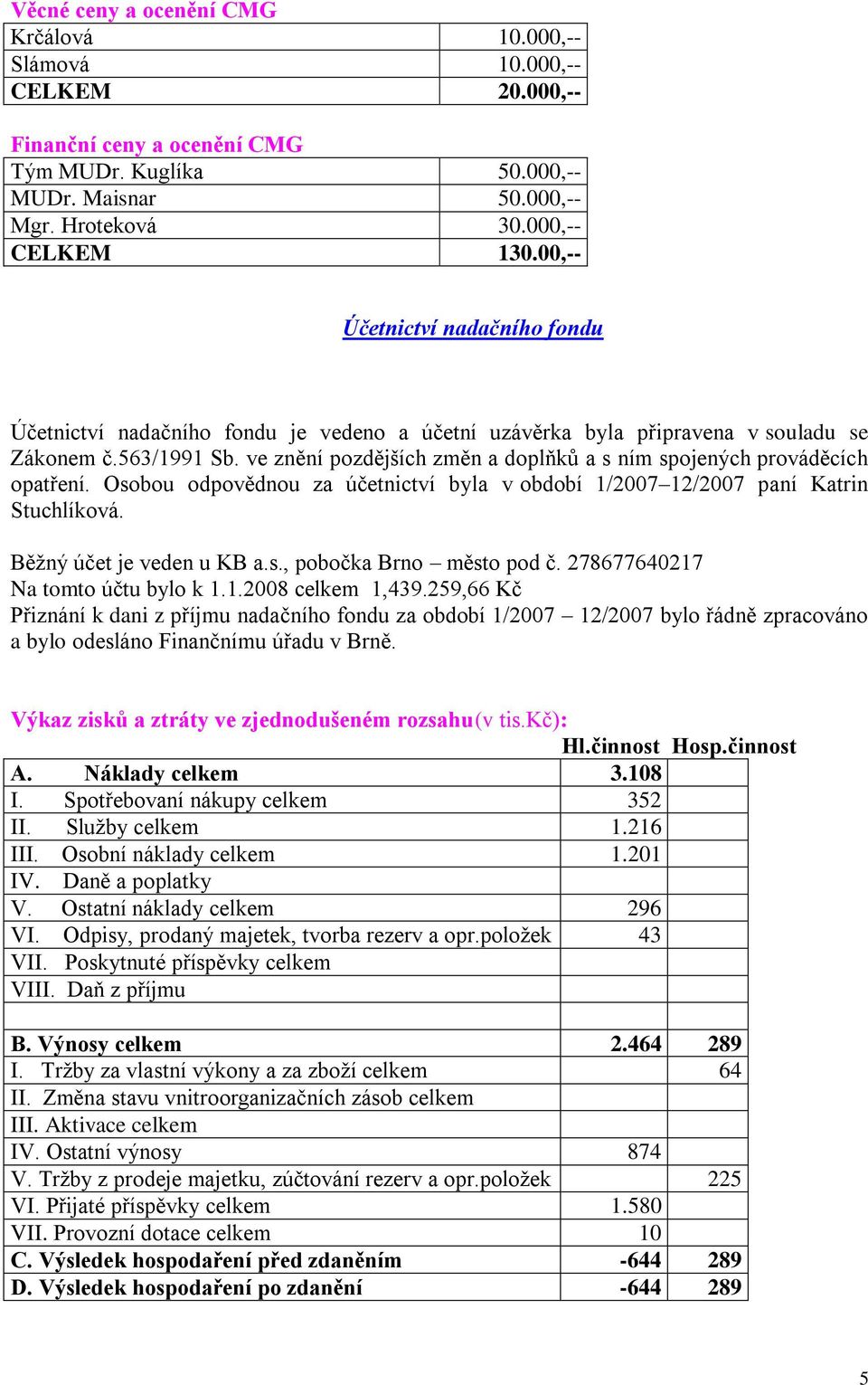 ve znění pozdějších změn a doplňků a s ním spojených prováděcích opatření. Osobou odpovědnou za účetnictví byla v období 1/2007 12/2007 paní Katrin Stuchlíková. Běžný účet je veden u KB a.s., pobočka Brno město pod č.