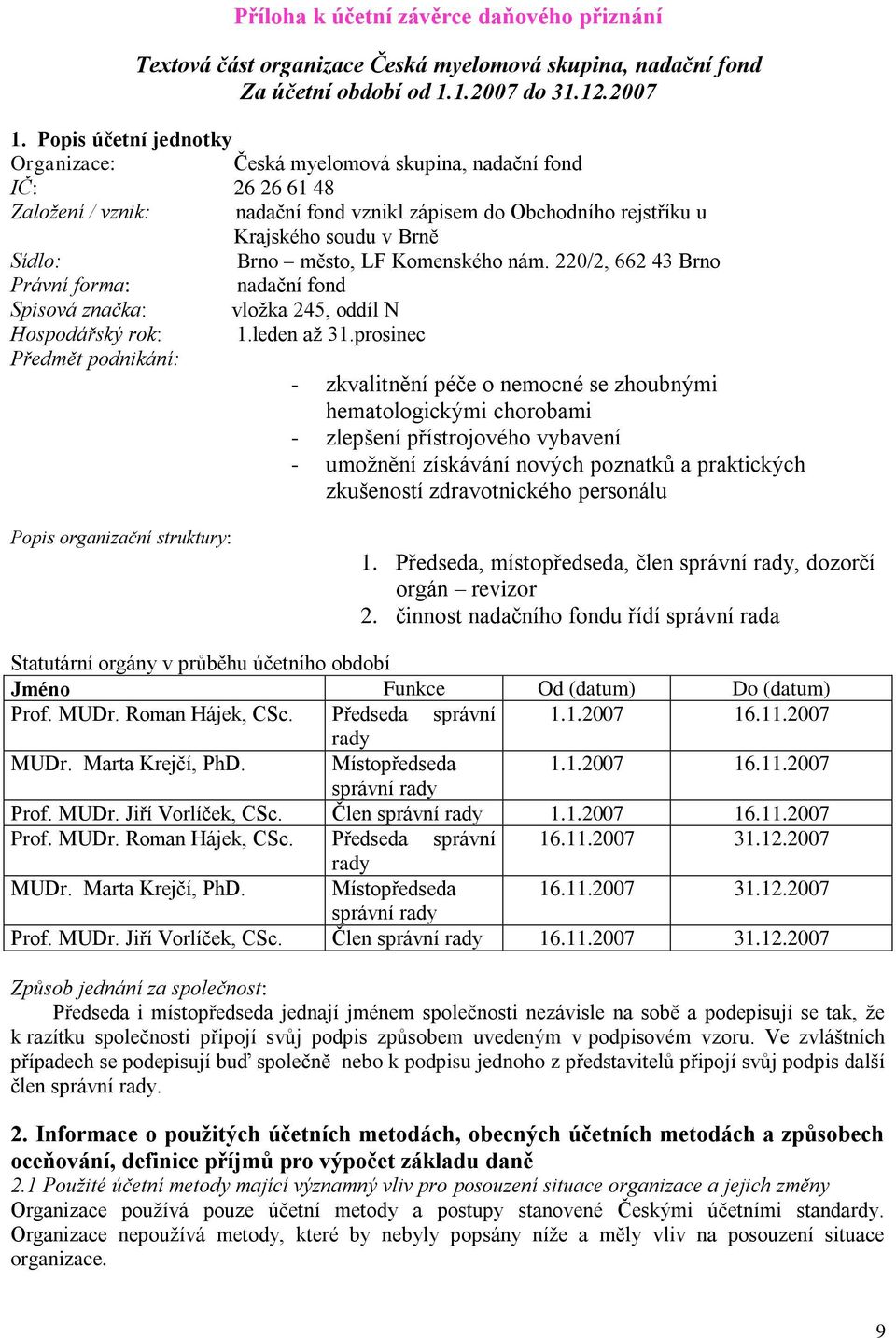 město, LF Komenského nám. 220/2, 662 43 Brno Právní forma: nadační fond Spisová značka: vložka 245, oddíl N Hospodářský rok: 1.leden až 31.