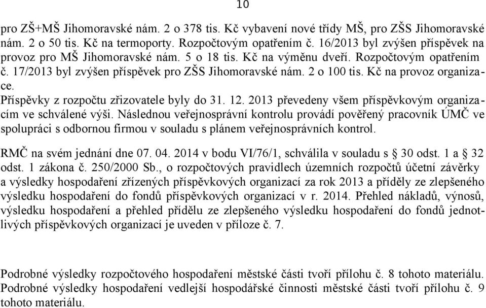 Kč na provoz organizace. Příspěvky z rozpočtu zřizovatele byly do 31. 12. 2013 převedeny všem příspěvkovým organizacím ve schválené výši.