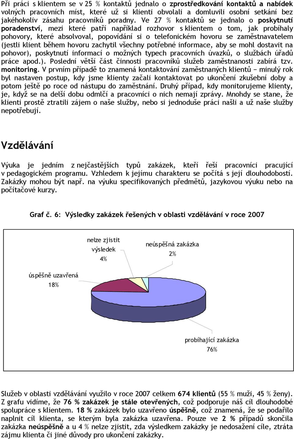 Ve 27 % kontaktů se jednalo o poskytnutí poradenství, mezi které patří například rozhovor s klientem o tom, jak probíhaly pohovory, které absolvoval, popovídání si o telefonickém hovoru se