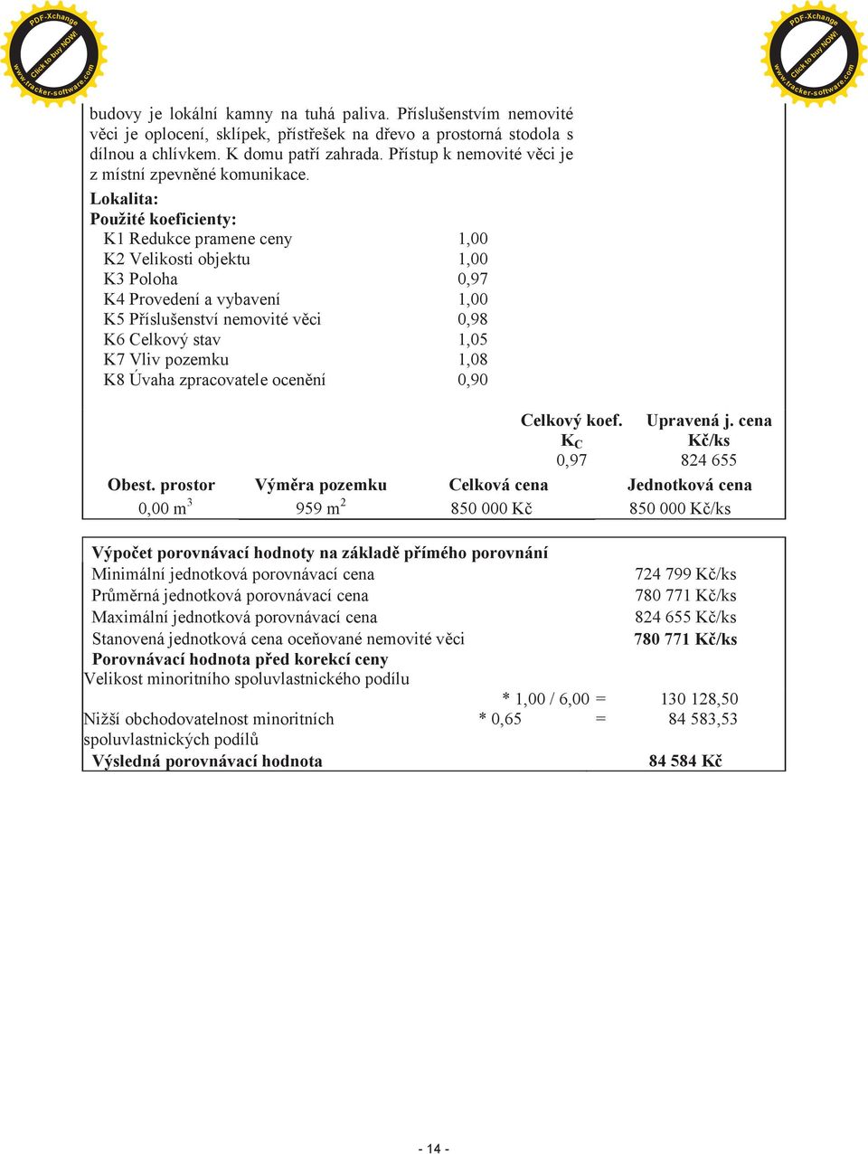 Lokalita: Použité koeficienty: K1 Redukce pramene ceny 1,00 K2 Velikosti objektu 1,00 K3 Poloha 0,97 K4 Provedení a vybavení 1,00 K5 Pøíslušenství nemovité vìci 0,98 K6 Celkový stav 1,05 K7 Vliv