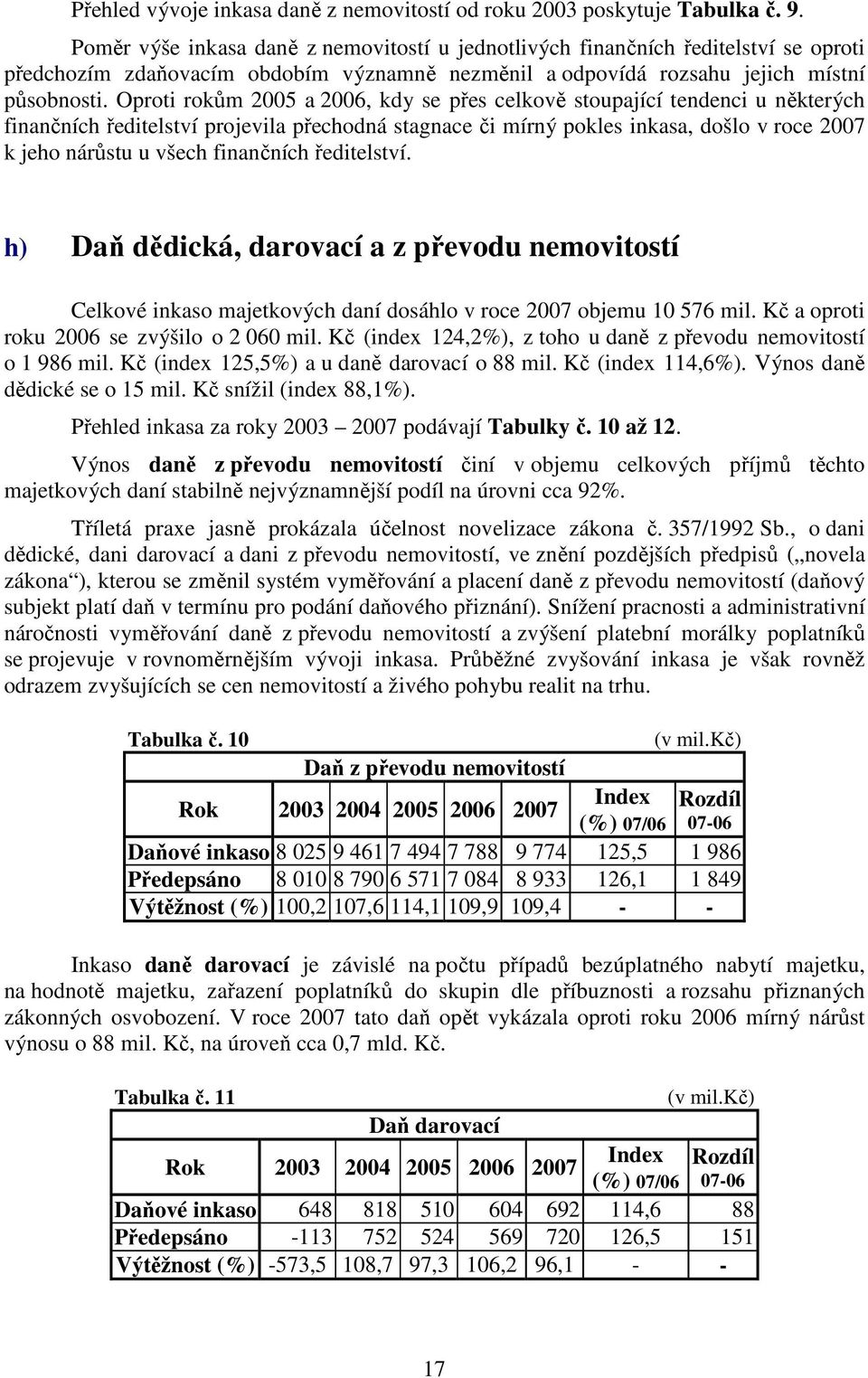 Oproti rokům 2005 a 2006, kdy se přes celkově stoupající tendenci u některých finančních ředitelství projevila přechodná stagnace či mírný pokles inkasa, došlo v roce 2007 k jeho nárůstu u všech