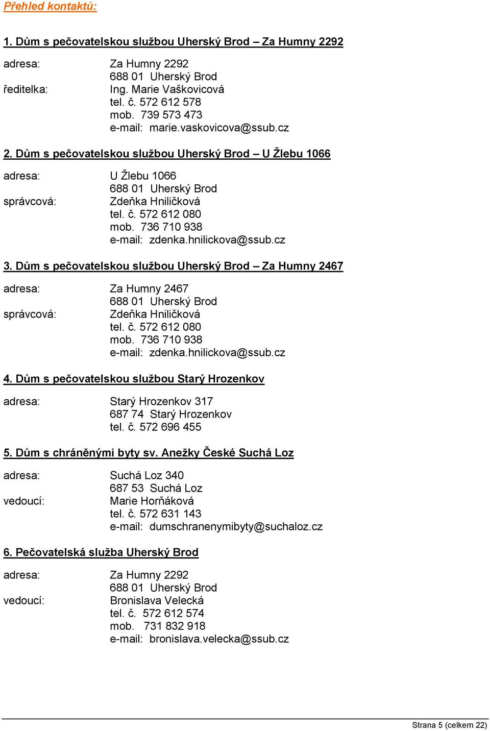 736 710 938 e-mail: zdenka.hnilickova@ssub.cz 3. Dům s pečovatelskou službou Uherský Brod Za Humny 2467 adresa: Za Humny 2467 688 01 Uherský Brod správcová: Zdeňka Hniličková tel. č. 572 612 080 mob.
