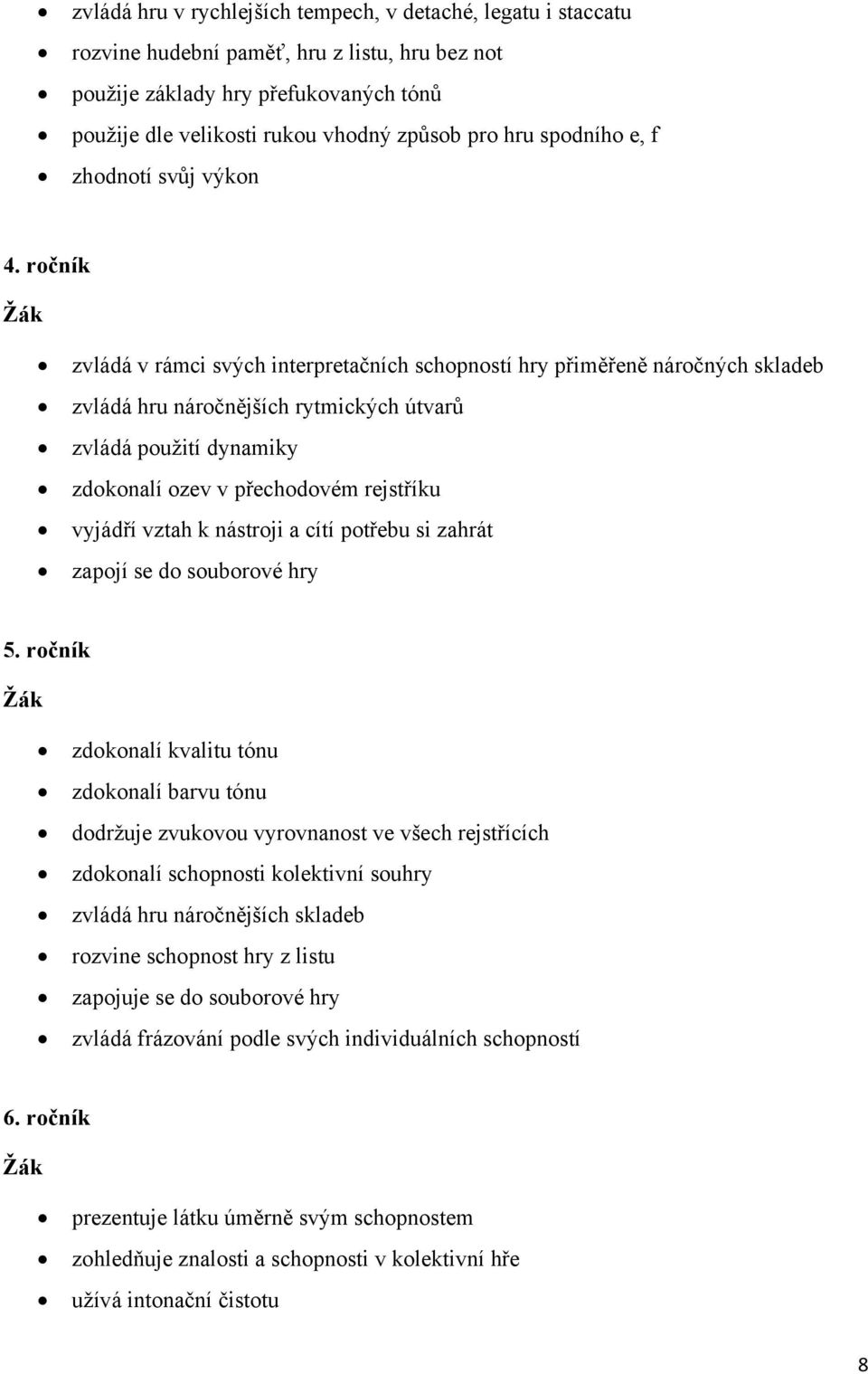 ročník zvládá v rámci svých interpretačních schopností hry přiměřeně náročných skladeb zvládá hru náročnějších rytmických útvarů zvládá použití dynamiky zdokonalí ozev v přechodovém rejstříku vyjádří