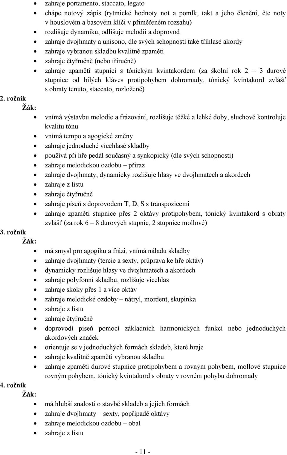 odlišuje melodii a doprovod zahraje dvojhmaty a unisono, dle svých schopností také tříhlasé akordy zahraje vybranou skladbu kvalitně zpaměti zahraje čtyřručně (nebo tříručně) zahraje zpaměti stupnici