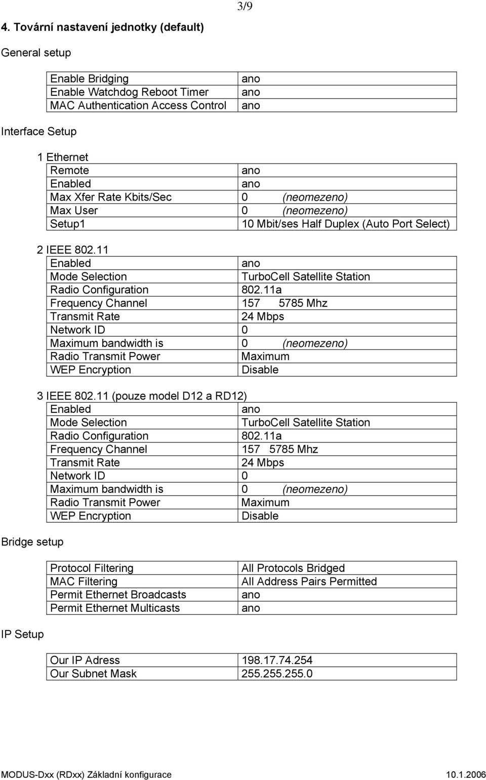 Kbits/Sec 0 (neomezeno) Max User 0 (neomezeno) Setup1 10 Mbit/ses Half Duplex (Auto Port Select) 2 IEEE 802.11 Enabled Mode Selection TurboCell Satellite Station Radio Configuration 802.