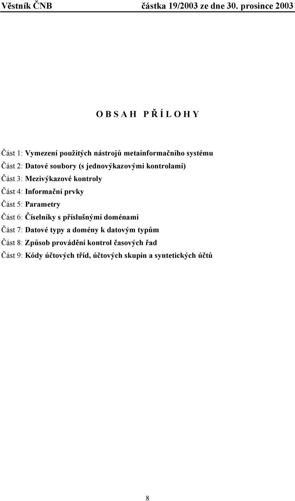 Parametry Část 6: Číselníky s příslušnými doménami Část 7: Datové typy a domény k datovým typům Část