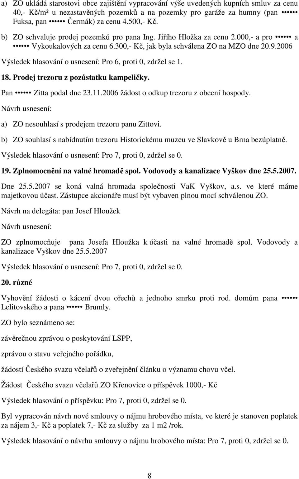 2006 Výsledek hlasování o usnesení: Pro 6, proti 0, zdržel se 1. 18. Prodej trezoru z pozůstatku kampeličky. Pan Zitta podal dne 23.11.2006 žádost o odkup trezoru z obecní hospody.