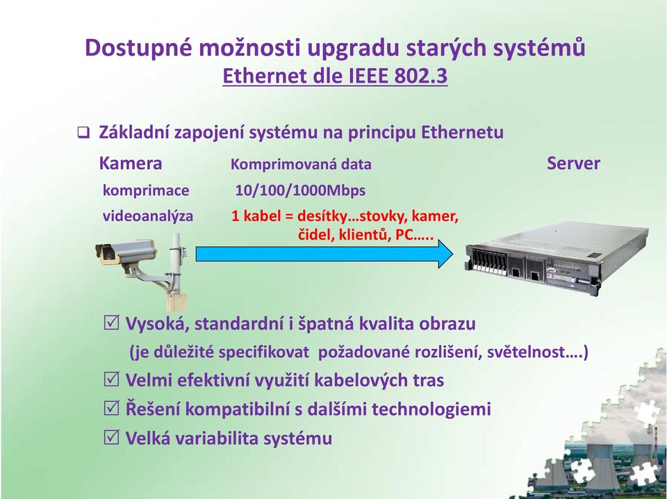 10/100/1000Mbps 1 kabel = desítky stovky, kamer, čidel, klientů, PC.