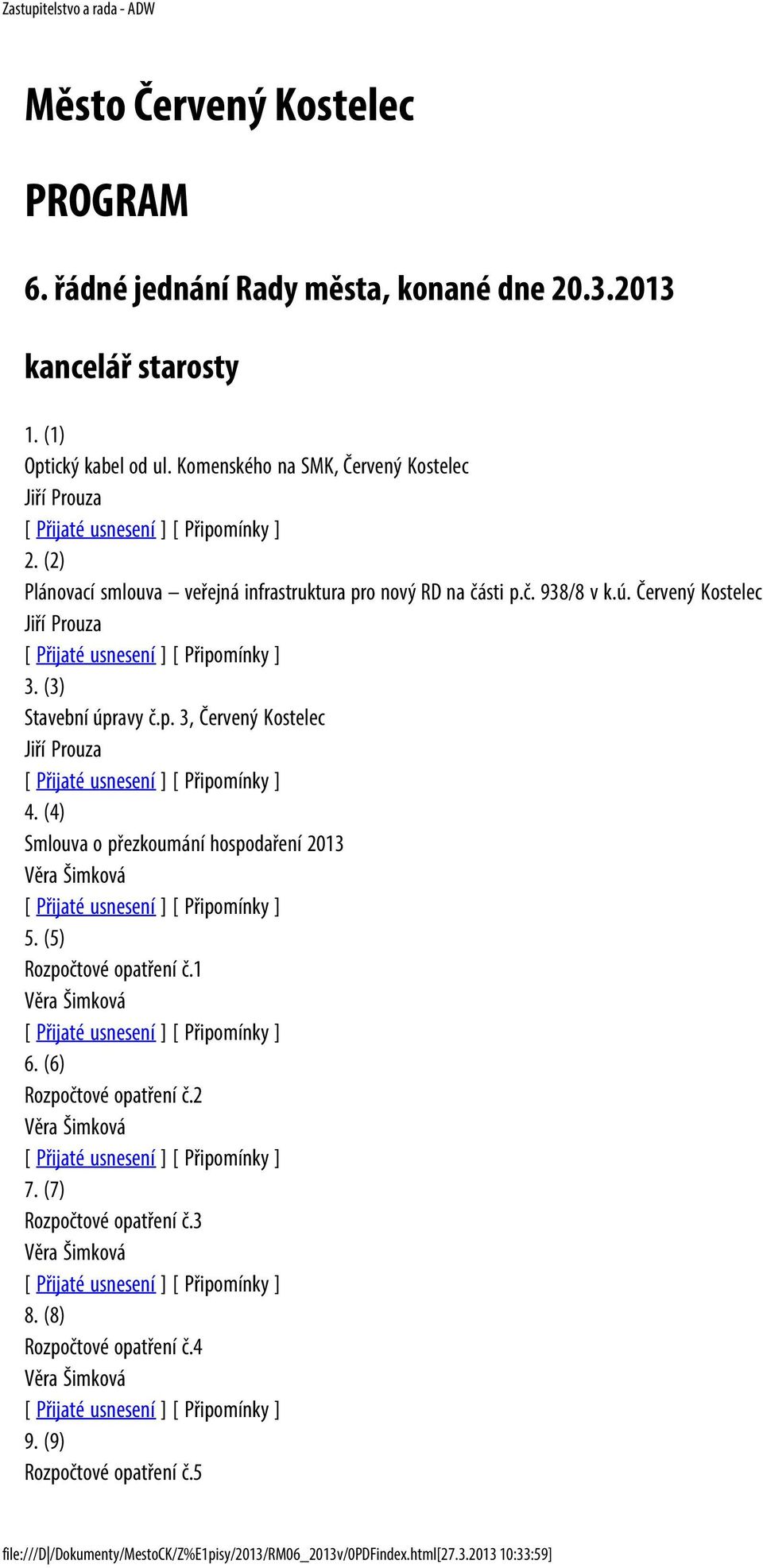 (3) Stavební úpravy č.p. 3, Červený Kostelec Jiří Prouza 4. (4) Smlouva o přezkoumání hospodaření 2013 Věra Šimková 5. (5) Rozpočtové opatření č.1 Věra Šimková 6.
