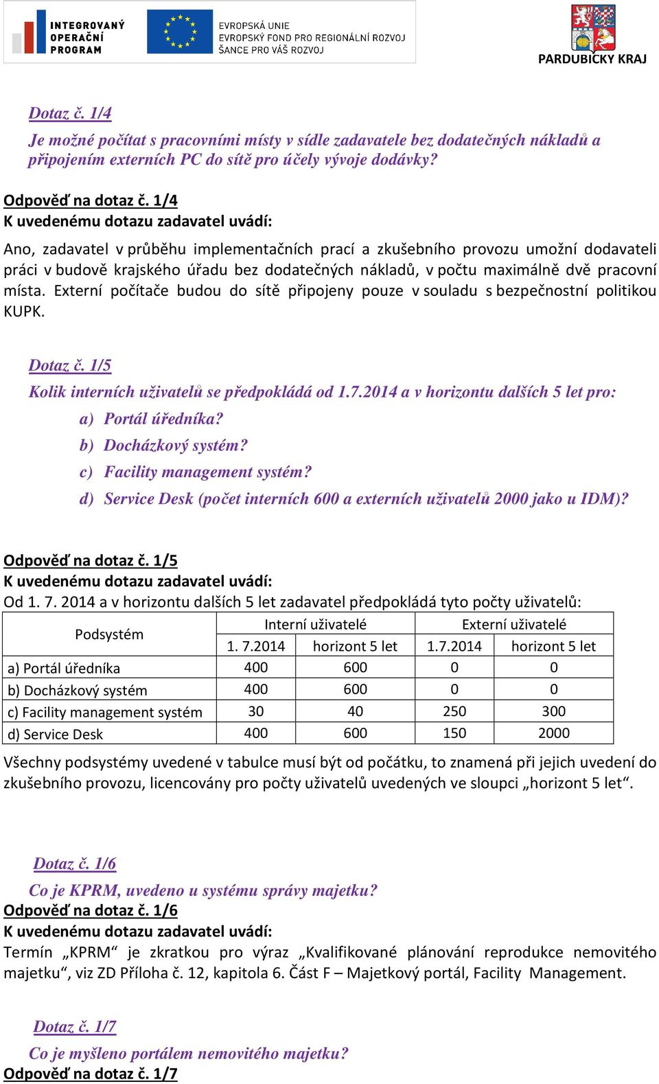 Externí počítače budou do sítě připojeny pouze v souladu s bezpečnostní politikou KUPK. Dotaz č. 1/5 Kolik interních uživatelů se předpokládá od 1.7.