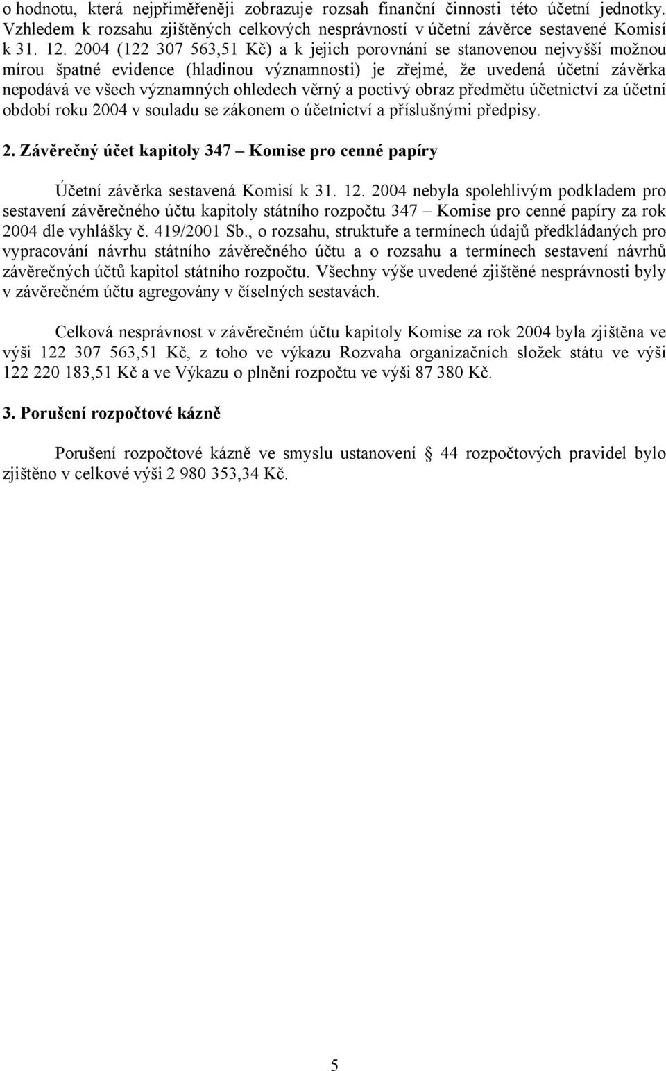 věrný a poctivý obraz předmětu účetnictví za účetní období roku 2004 v souladu se zákonem o účetnictví a příslušnými předpisy. 2. Závěrečný účet kapitoly 347 Komise pro cenné papíry Účetní závěrka sestavená Komisí k 31.