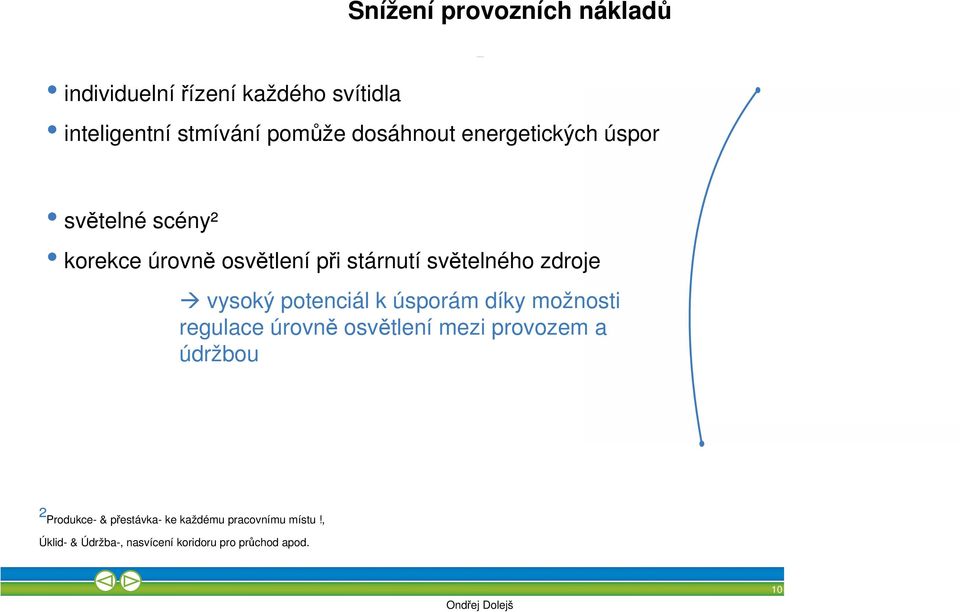 zdroje vysoký potenciál k úsporám díky možnosti regulace úrovně osvětlení mezi provozem a údržbou