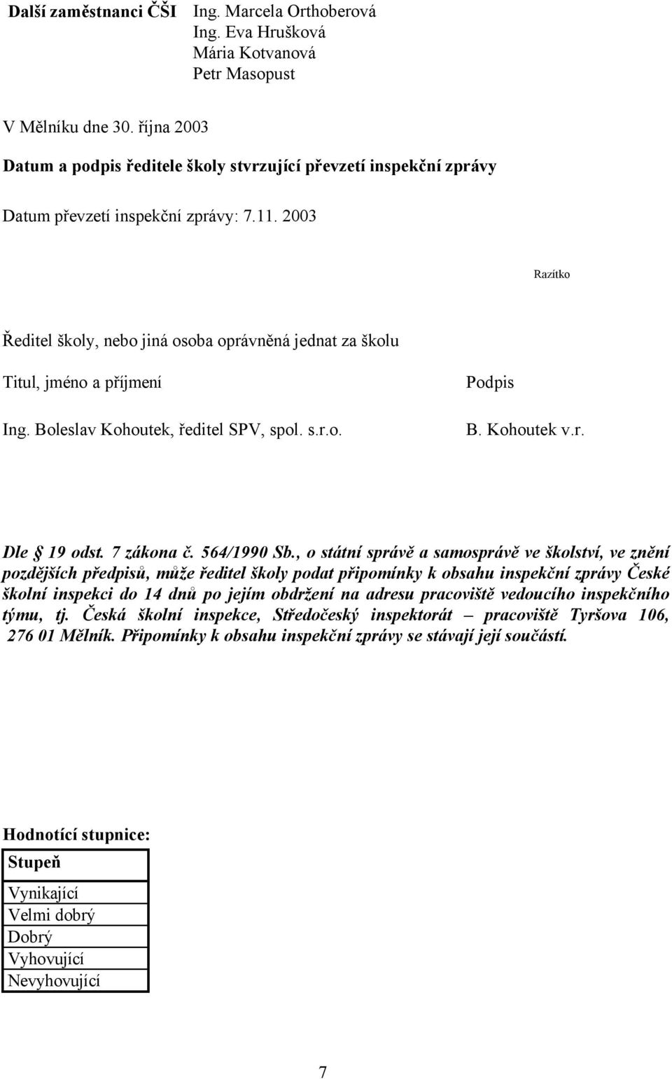 2003 Razítko Ředitel školy, nebo jiná osoba oprávněná jednat za školu Titul, jméno a příjmení Ing. Boleslav Kohoutek, ředitel SPV, spol. s.r.o. Podpis B. Kohoutek v.r. Dle 19 odst. 7 zákona č.