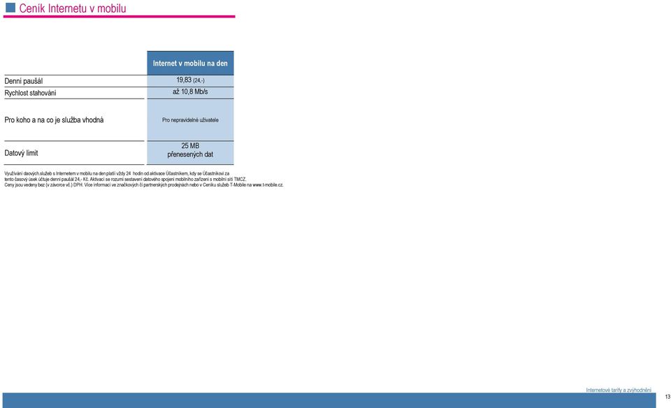 služeb s Internetem v mobilu na den platíí vždy 24 hodin od aktivace Účastníkem, kdy se Účastníkovi za tento časový úsek účtuje denní paušál 24,- Kč.