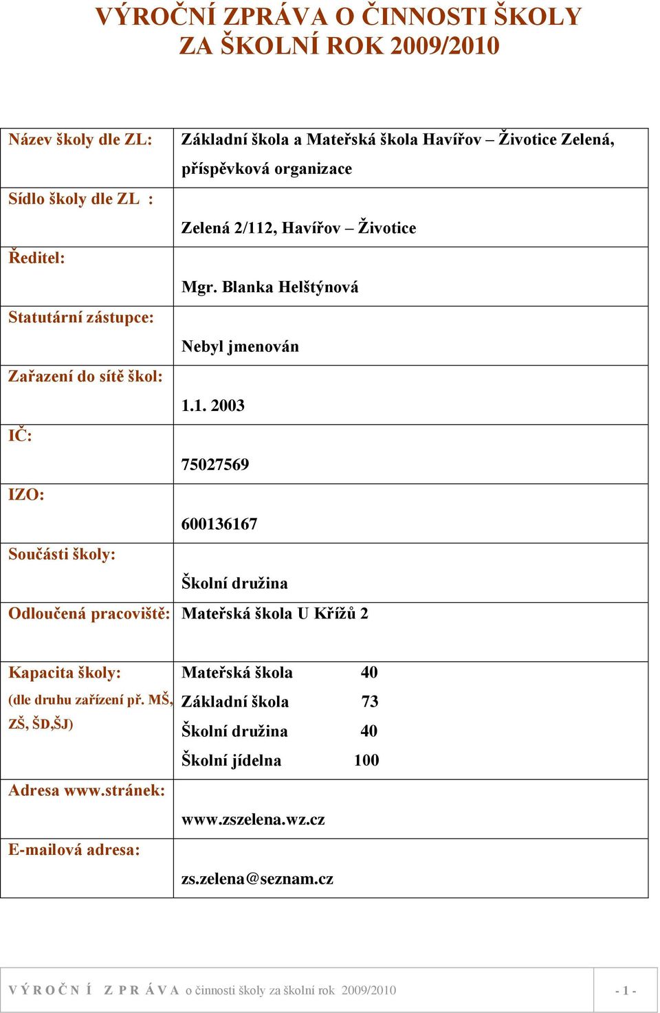 2, Havířov Ţivotice Ředitel: Mgr. Blanka Helštýnová Statutární zástupce: Nebyl jmenován Zařazení do sítě škol: 1.