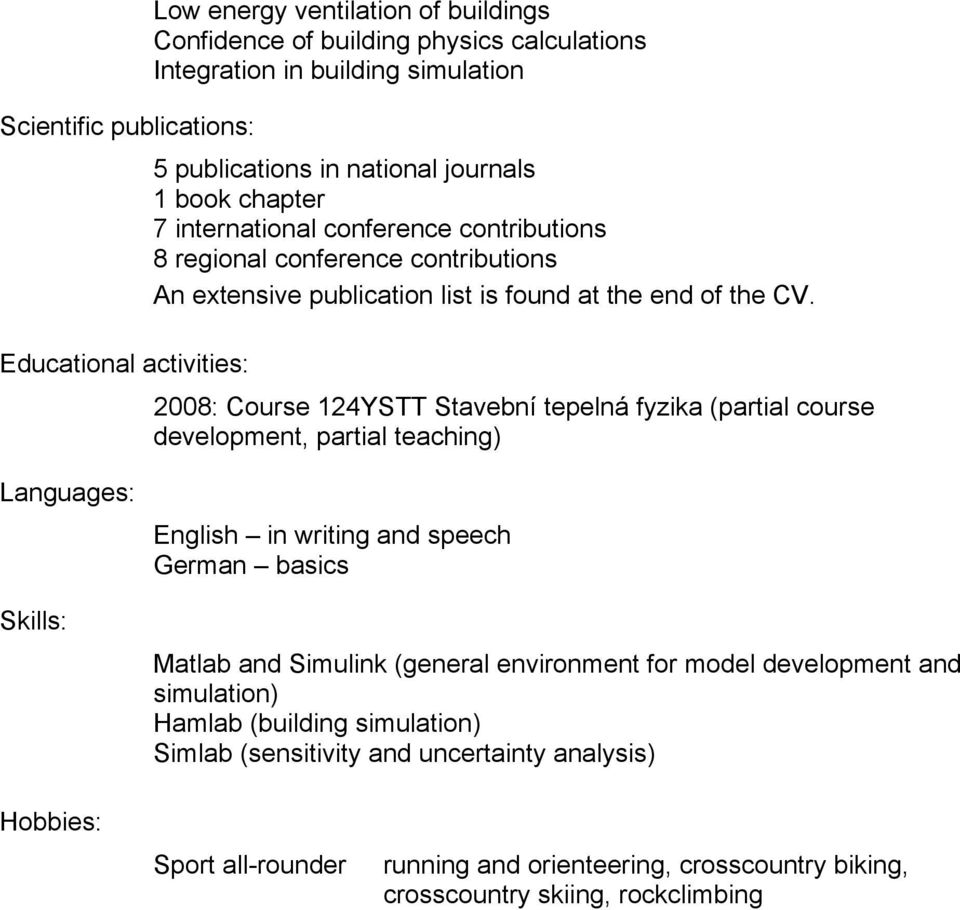 Educational activities: 2008: Course 124YSTT Stavební tepelná fyzika (partial course development, partial teaching) Languages: Skills: English in writing and speech German basics Matlab and