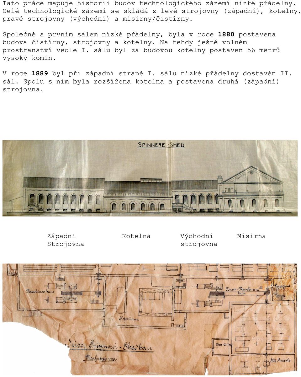 Společně s prvním sálem nízké přádelny, byla v roce 1880 postavena budova čistírny, strojovny a kotelny. Na tehdy ještě volném prostranství vedle I.