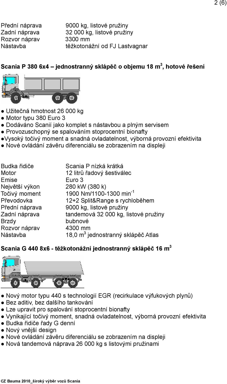 ovladatelnost, výborná provozní efektivita Scania P nízká krátká 12 litrů řadový šestiválec Euro 3 Největší výkon 280 kw (380 k) Točivý moment 1900 Nm/1100-1300 min -1 12+2 Split&Range s rychloběhem