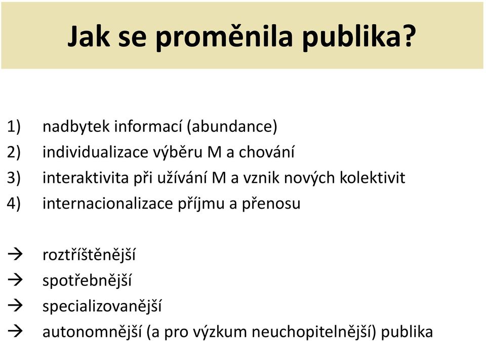 3) interaktivita při užívání M a vznik nových kolektivit 4)