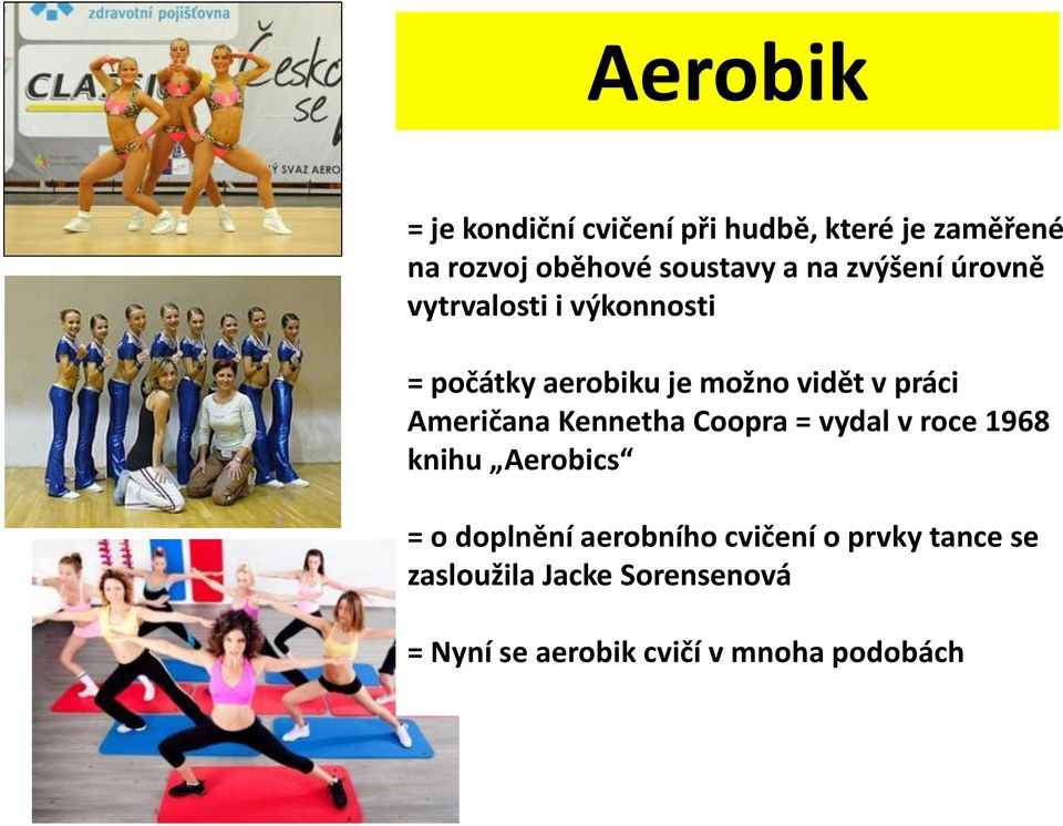 Američana Kennetha Coopra = vydal v roce 1968 knihu Aerobics = o doplnění aerobního