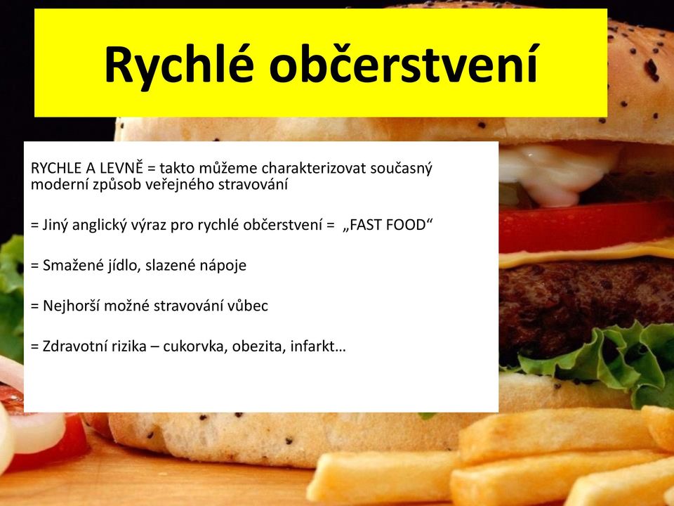 pro rychlé občerstvení = FAST FOOD = Smažené jídlo, slazené nápoje =