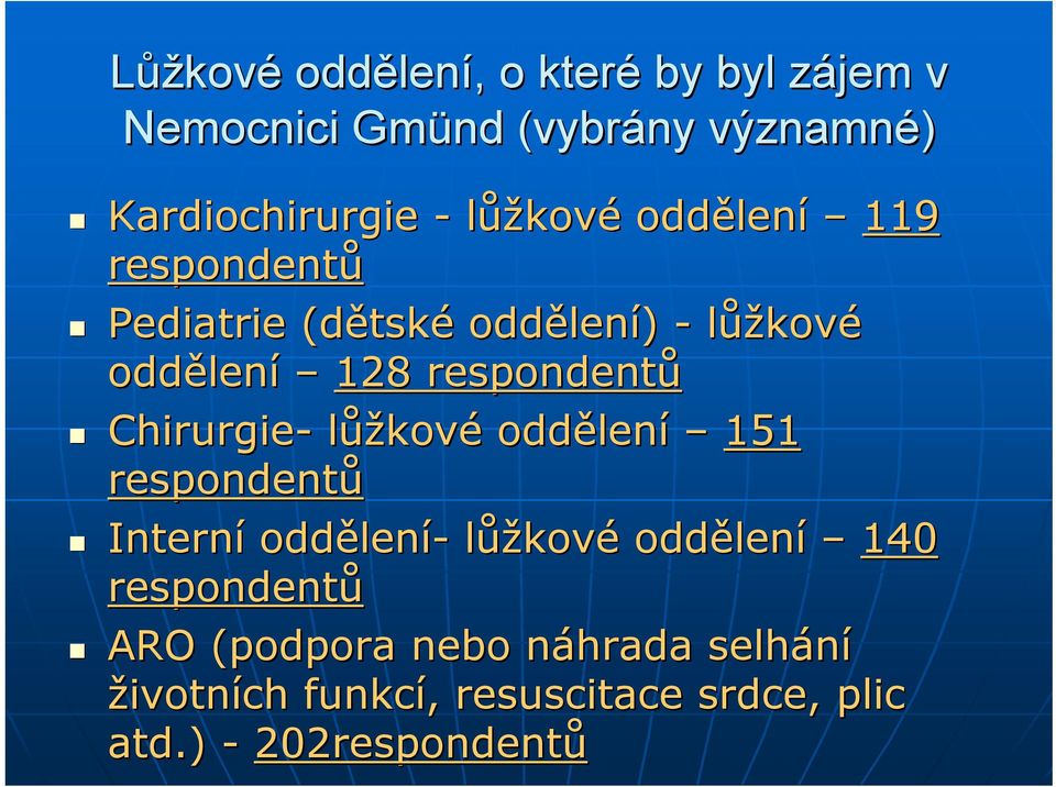 respondentů Chirurgie- lůžkové oddělen lení 151 respondentů Interní oddělen lení- lůžkové oddělen lení