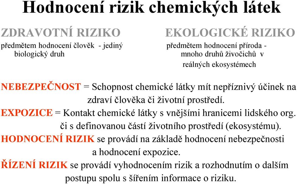 EXPOZICE = Kontakt chemické látky s vnějšími hranicemi lidského org. či s definovanou částí životního prostředí (ekosystému).