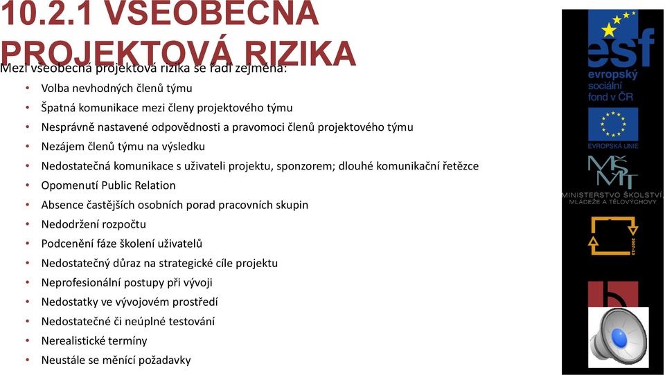 komunikační řetězce Opomenutí Public Relation Absence častějších osobních porad pracovních skupin Nedodržení rozpočtu Podcenění fáze školení uživatelů Nedostatečný
