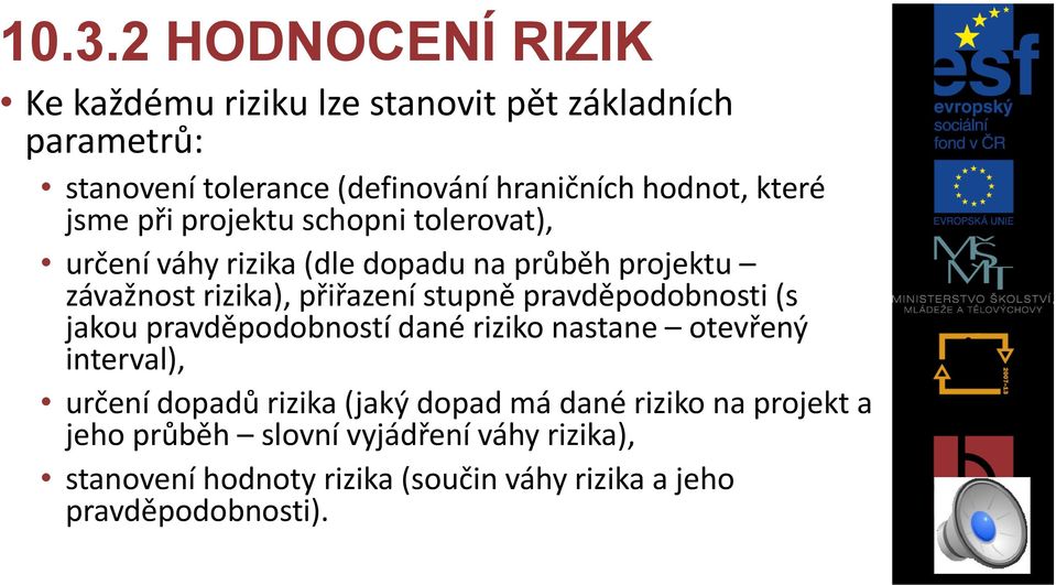 přiřazení stupně pravděpodobnosti (s jakou pravděpodobností dané riziko nastane otevřený interval), určení dopadů rizika (jaký