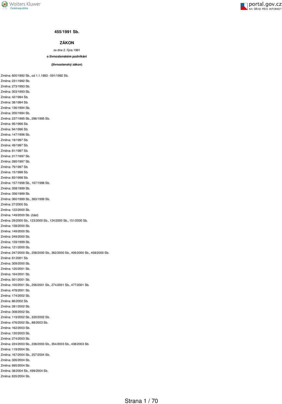 Změna: 49/1997 Sb. Změna: 61/1997 Sb. Změna: 217/1997 Sb. Změna: 280/1997 Sb. Změna: 79/1997 Sb. Změna: 15/1998 Sb. Změna: 83/1998 Sb. Změna: 157/1998 Sb., 167/1998 Sb. Změna: 358/1999 Sb.