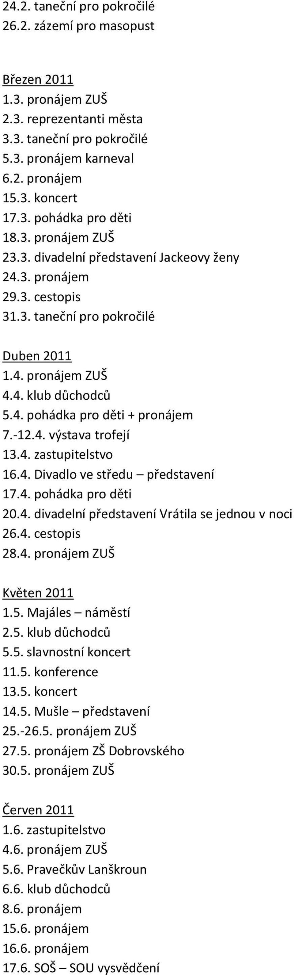 -12.4. výstava trofejí 13.4. zastupitelstvo 16.4. Divadlo ve středu představení 17.4. pohádka pro děti 20.4. divadelní představení Vrátila se jednou v noci 26.4. cestopis 28.4. pronájem ZUŠ Květen 2011 1.