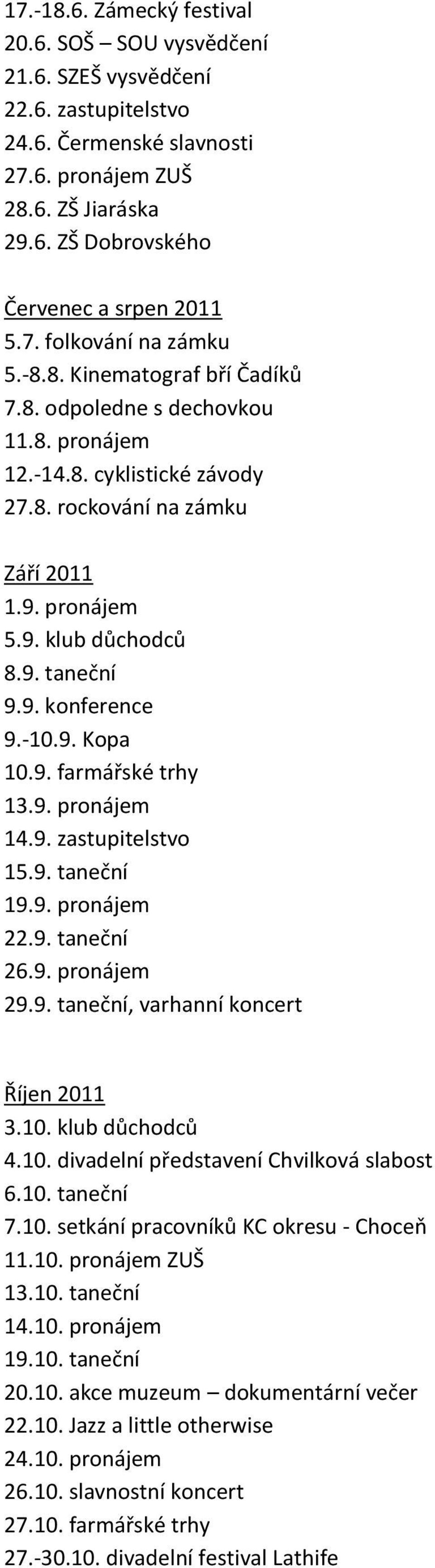 9. konference 9.-10.9. Kopa 10.9. farmářské trhy 13.9. pronájem 14.9. zastupitelstvo 15.9. taneční 19.9. pronájem 22.9. taneční 26.9. pronájem 29.9. taneční, varhanní koncert Říjen 2011 3.10. klub důchodců 4.