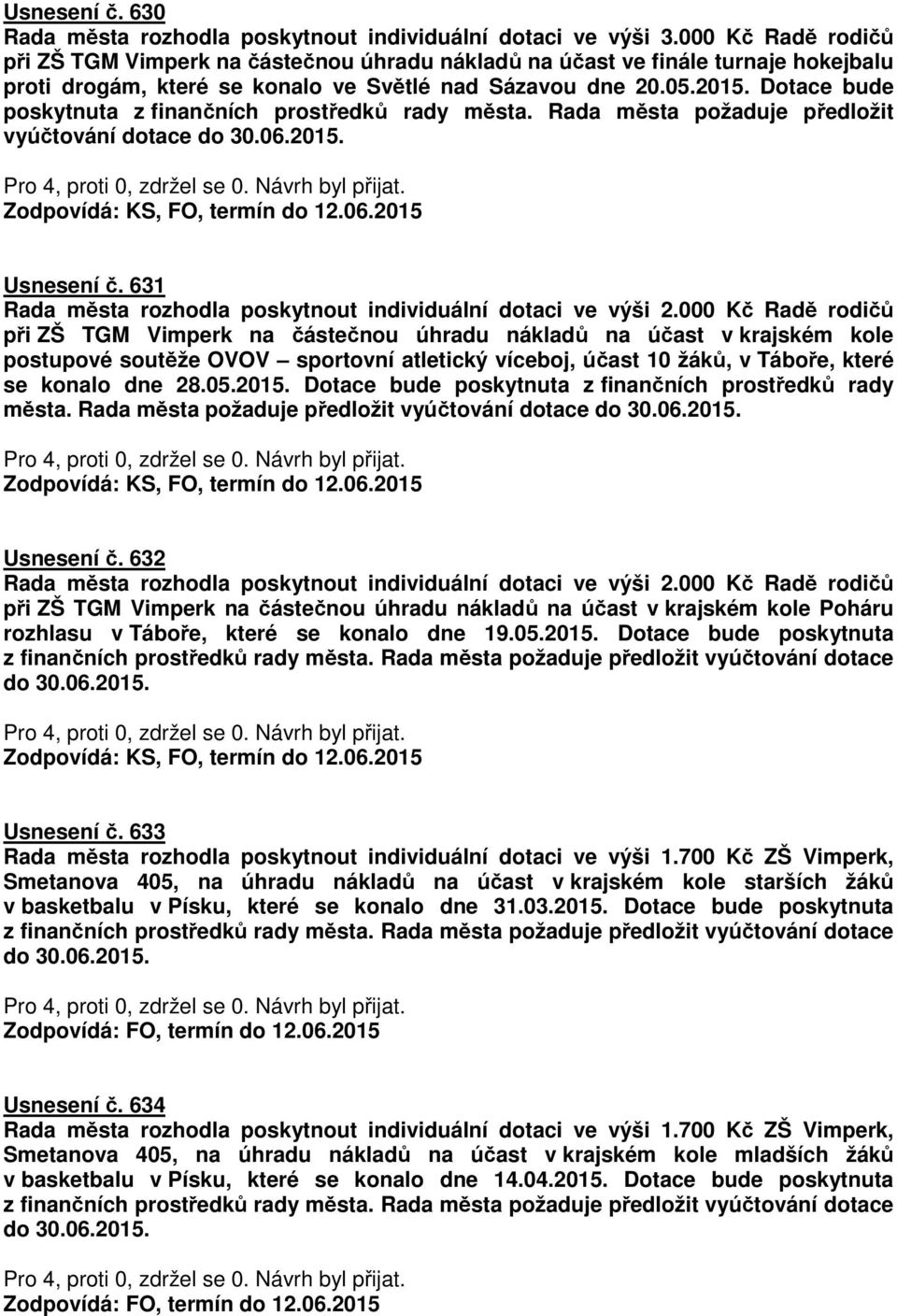 Dotace bude poskytnuta z finančních prostředků rady města. Rada města požaduje předložit vyúčtování dotace do 30.06.2015. Usnesení č. 631 Rada města rozhodla poskytnout individuální dotaci ve výši 2.