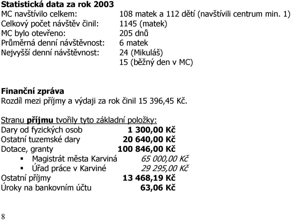 (běžný den v MC) Finanční zpráva Rozdíl mezi příjmy a výdaji za rok činil 15 396,45 Kč.