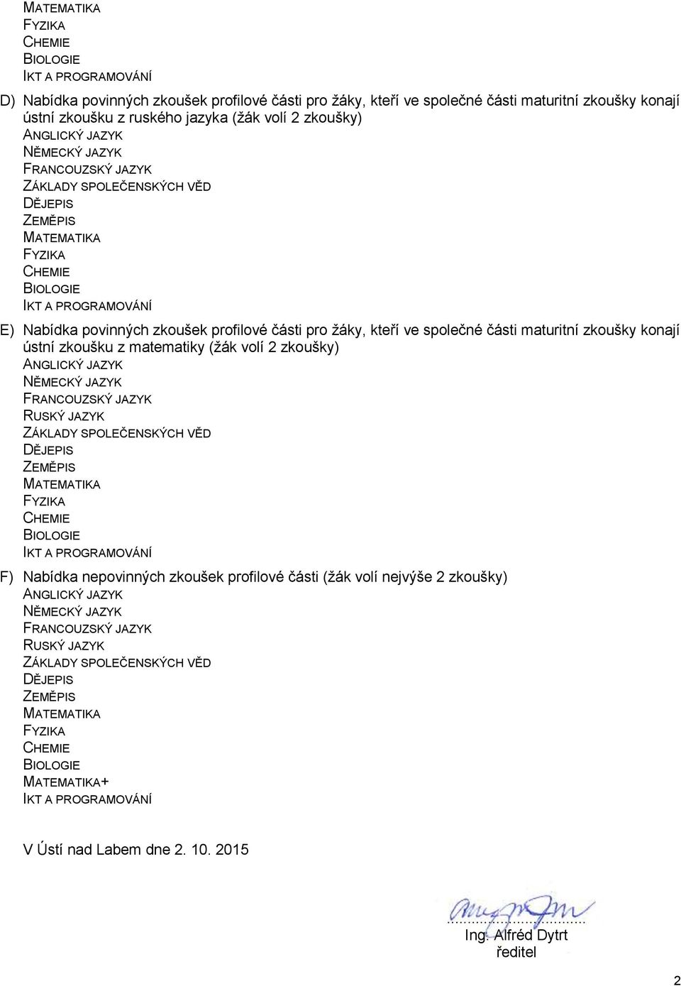 společné části maturitní zkoušky konají ústní zkoušku z matematiky (žák volí 2 zkoušky) F) Nabídka nepovinných