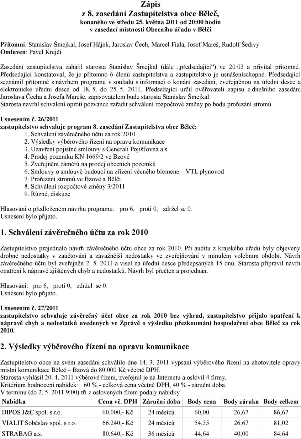 zastupitelstva zahájil starosta Stanislav Šmejkal (dále předsedající ) ve 20:03 a přivítal přítomné.