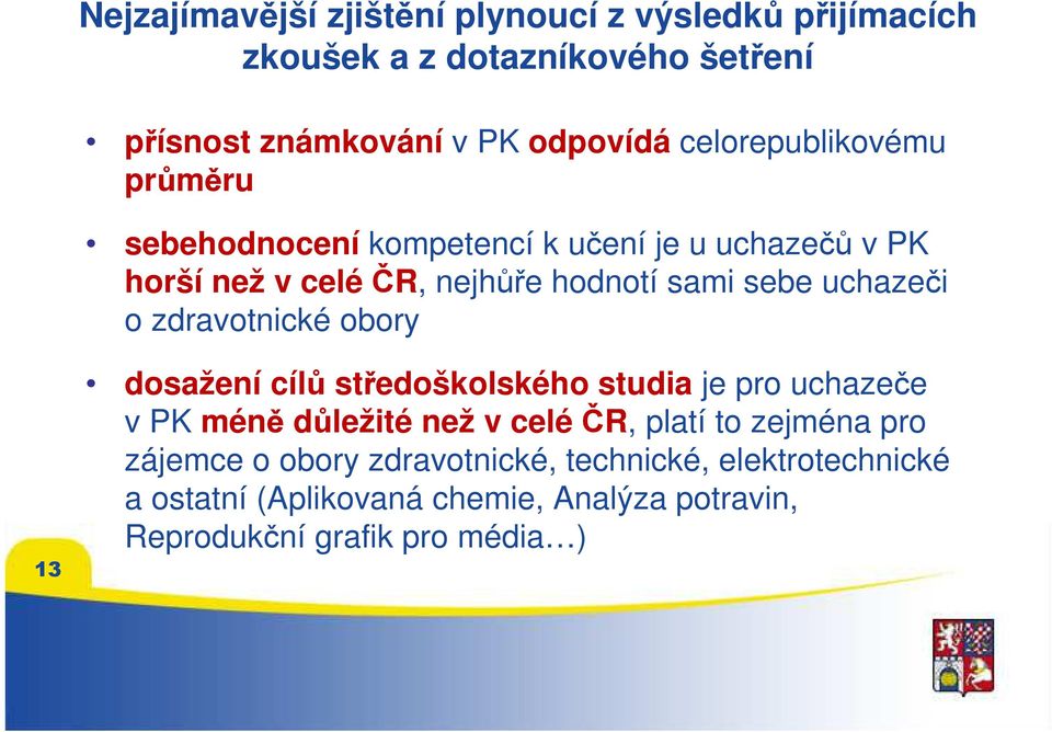 uchazeči o zdravotnické obory 13 dosažení cílů středoškolského studia je pro uchazeče v PK méně důležité než v celéčr, platí to