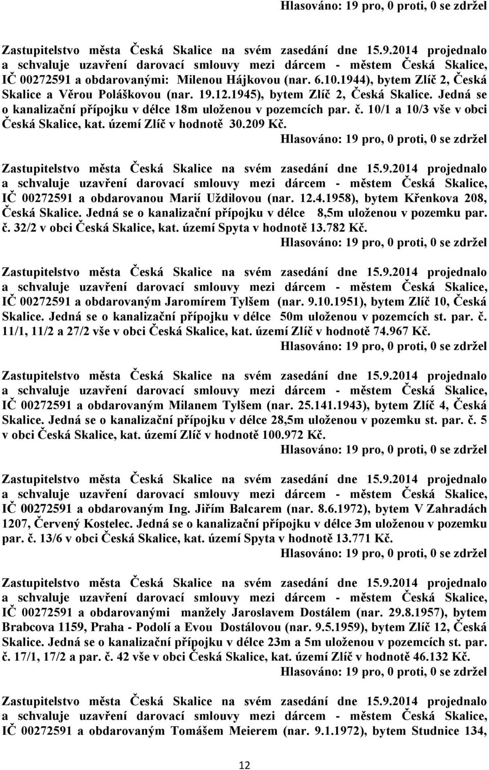 4.1958), bytem Křenkova 208, Česká Skalice. Jedná se o kanalizační přípojku v délce 8,5m uloženou v pozemku par. č. 32/2 v obci Česká Skalice, kat. území Spyta v hodnotě 13.782 Kč.